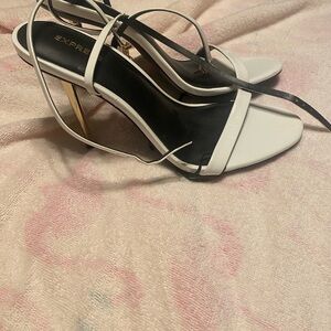 Express White and Black Heels with Gold Accents